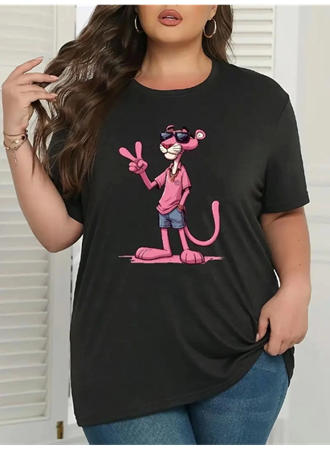 Pembe Panter Baskılı Oversize Bisiklet Yaka T-shirt - Beyaz
