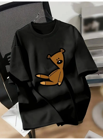 Baskılı Oversize Bisiklet Yaka T-shirt - Siyah