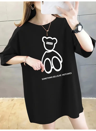 Baskılı Oversize Bisiklet Yaka T-shirt - Siyah