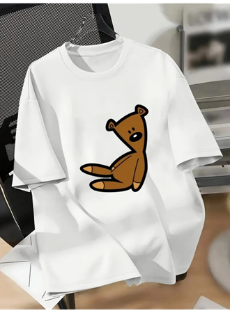 Baskılı Oversize Bisiklet Yaka T-shirt - Beyaz