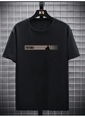 Baskılı Oversize Bisiklet Yaka T-shirt - Siyah