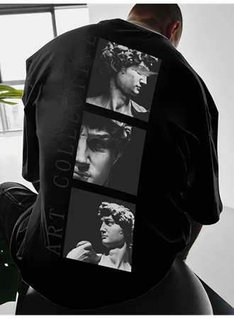 Baskılı Oversize Bisiklet Yaka T-shirt - Siyah