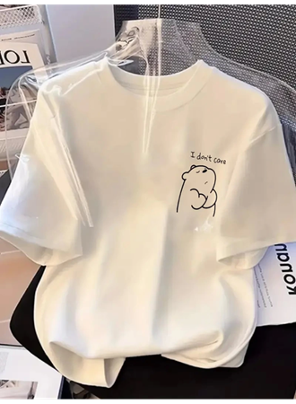 Baskılı Oversize Bisiklet Yaka T-shirt - Beyaz