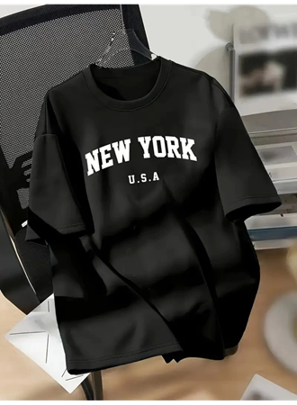 New York Baskılı Oversize Bisiklet Yaka T-shirt - Siyah