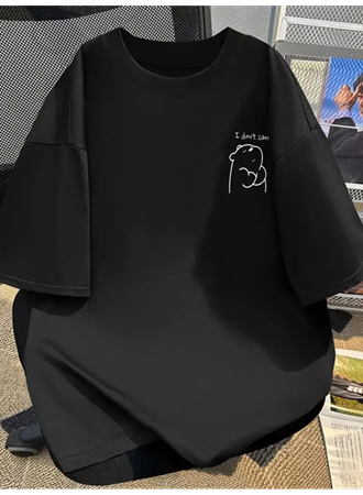 Baskılı Oversize Bisiklet Yaka T-shirt - Siyah