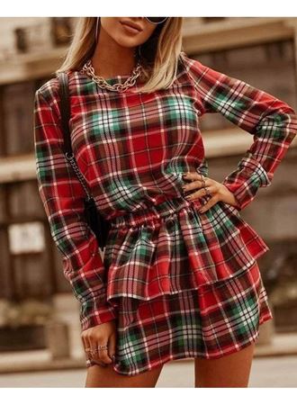 Kadın Ekose Kumaş Dijital Baskılı Uzun Kollu Mini Boy Elbise