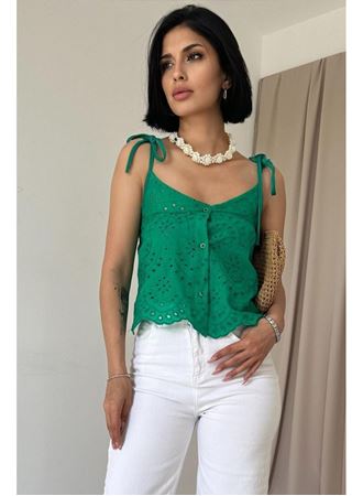Yeşil Bağcıklı Brode Bluz
