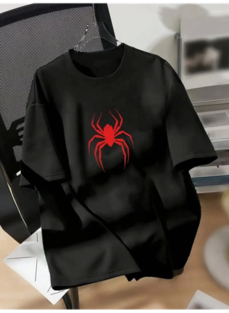 Baskılı Oversize Bisiklet Yaka T-shirt - Siyah