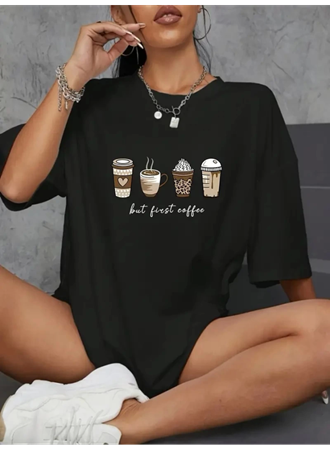 Baskılı Oversize Bisiklet Yaka T-shirt - Siyah