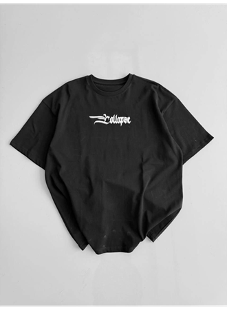 Baskılı Oversize Bisiklet Yaka T-shirt - Siyah
