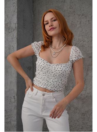 Puantiyeli Belden Oturtmalı Tül Beyaz Bluz