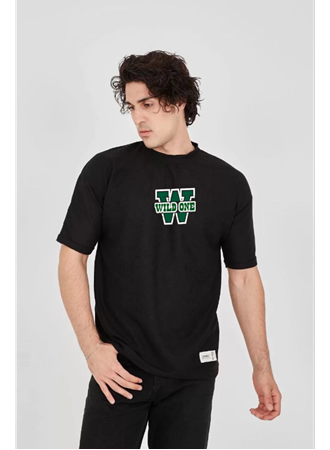 Unisex Waffle Kumaş Çift Katlamalı Kol Baskılı T-Shirt - Siyah