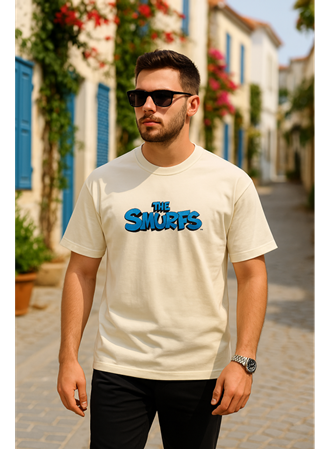 Ön Ve Arka Baskılı Oversize Bisiklet Yaka T-shirt- Beyaz