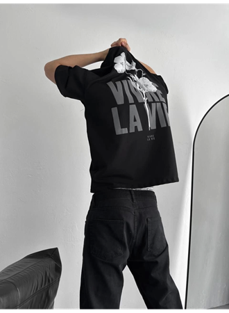 Baskılı Oversize Bisiklet Yaka T-shirt - Siyah