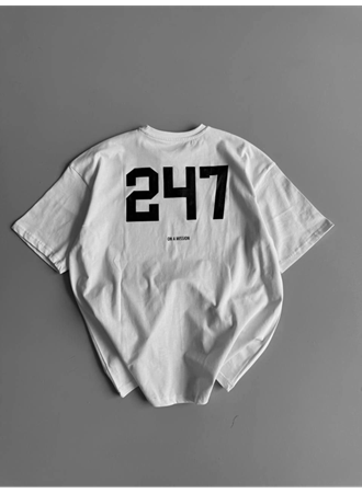 Baskılı Oversize Bisiklet Yaka T-shirt - Beyaz