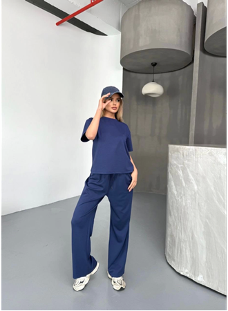 Osy Modal Yumuşak Dokulu Kumaş Kısa Kollu Bluz Rahat Pantalon Ikili Takım- Lacivert