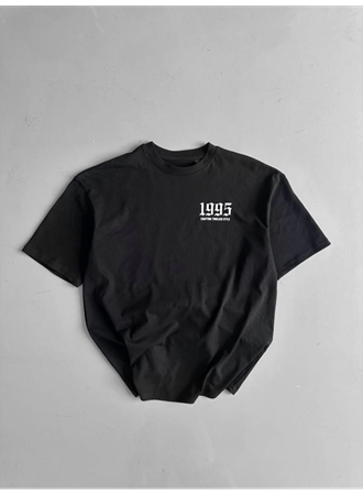 Baskılı Oversize Bisiklet Yaka T-shirt - Siyah