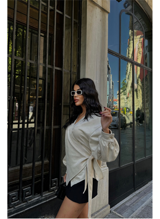 SÜET KRUVAZE BLUZ BAĞLAMA DETAYLI - Taş