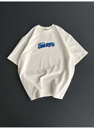 Ön Ve Arka Baskılı Oversize Bisiklet Yaka T-shirt- Beyaz