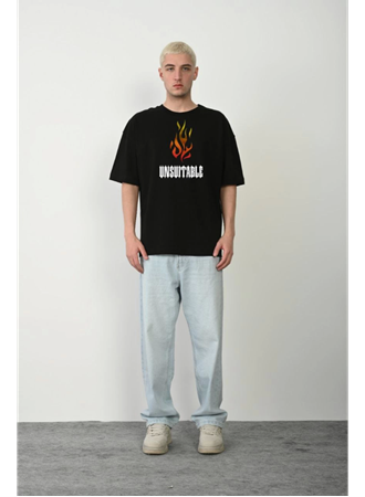 Unisex Bisiklet Yaka Baskılı Oversize T-Shirt - Siyah