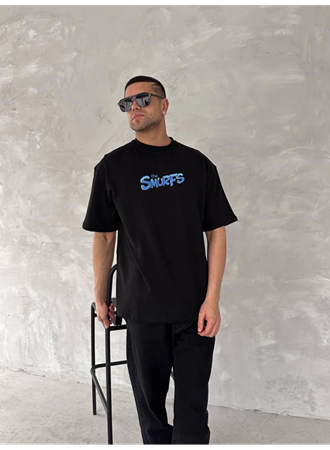 Ön Ve Arka Baskılı Oversize Bisiklet Yaka T-shirt- Siyah