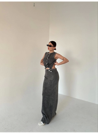 Uzun Etekli Önü Düğmeli Badi İkili Takım- Antrasit