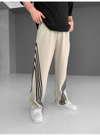 İki İplik Kumaş Şeritli Alt Esofman - Bej