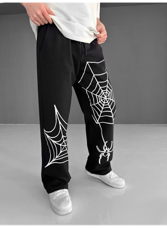 İki İplik Kumaş Örümcek Baskılı Esofman - Siyah