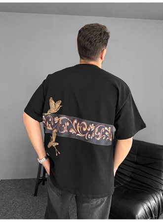 Ön Ve Arka Baskılı Oversize Bisiklet Yaka T-shirt - Siyah