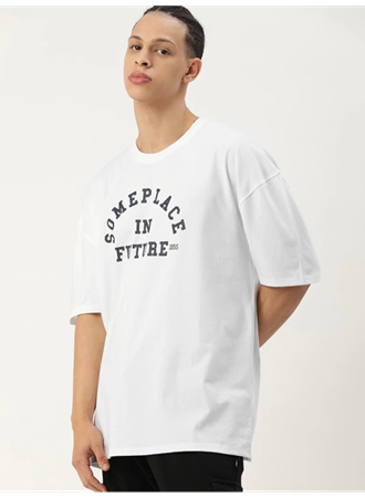 Erkek Baskılı Oversize T-shirt - Beyaz