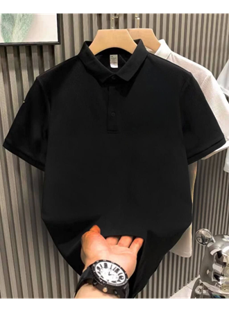 Yakası Düğmeli Yakalı Pike Düz T-Shirt - Siyah