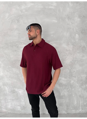 Yakalı Patlı Kısa Kol T-shirt - Bordo