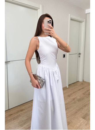 Sifir Kol Beli Oturtmalı Kolsuz Uzun Elbise - Beyaz