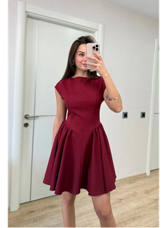 Sırt Dekolteli Çan Detaylı Mini Elbise - Bordo