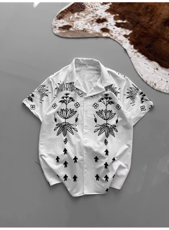 İki İplik Kumaş Baskılı Gömlek - Beyaz