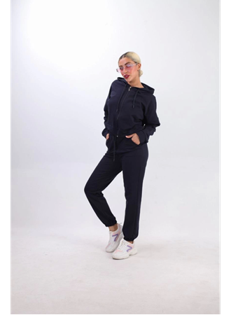 Iki Iplik Kapüşonlu Fermuarlı Crop Oversize Hırka Takım- Lacivert