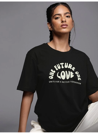 Baskılı Oversize T-shirt - Siyah