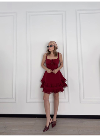 Mini Askılı Elbise - Bordo