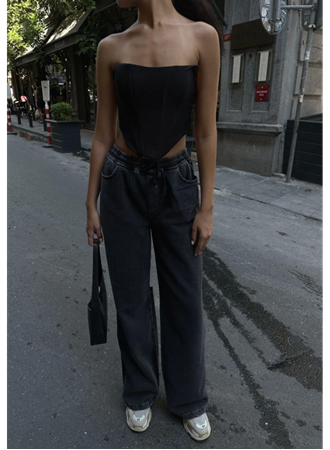 Arkadan Yırtmaçlı Jeans Kot Palazzo Pantolon - Siyah