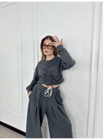 Uzun Kollu Önü İp Büzgülü Crop Ve Pantolon İkili Takım - Antrasit