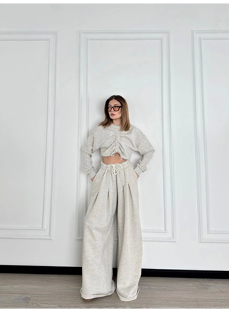 Uzun Kollu Önü İp Büzgülü  Crop Ve Pantolon İkili Takım - Gri