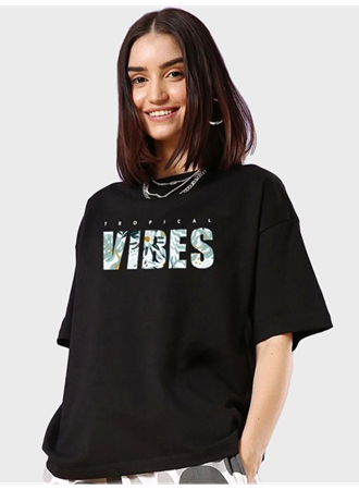 Baskılı Oversize T-shirt - Siyah