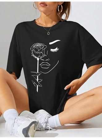 Baskılı Oversize T-shirt - Siyah