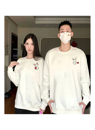 Tavşan Baskılı Sevgili Çift Kombini Kapüşonlu Sweatshirt - Hodie - Beyaz