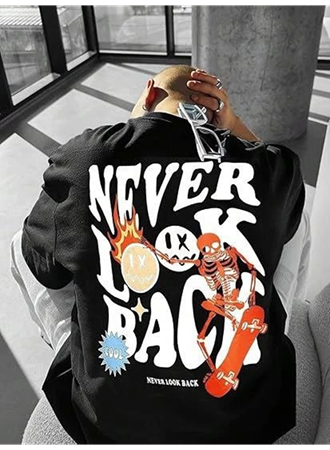 Erkek Bisiklet Yaka Kısa Kol Baskılı T-shirt - Siyah