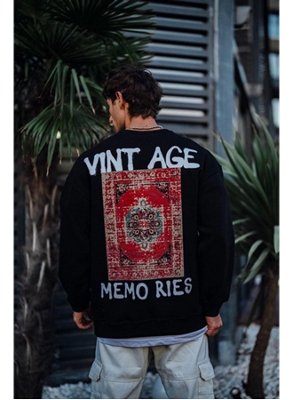 Oversize Bisiklet Yaka Üç İplik Baskılı SweatShirt - Siyah