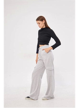 Kargo Cepli Palazzo Oversize Kesim İki Iplik Bol Paça Eşofman Altı Pantalon - Gri