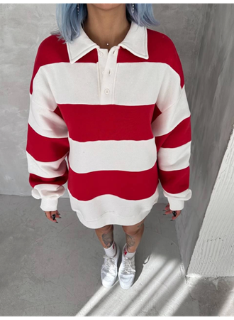 Unisex Üç İplik Parçalı Yakalı SweatShirt - Kırmızı