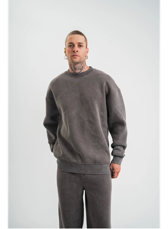 Unisex Uzun Kol Bisiklet Yaka Yıkamalı SweatShirt - Füme