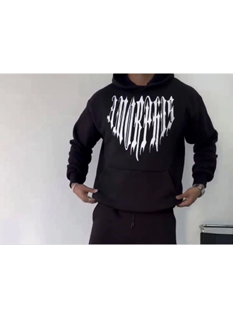 Uzun Kol Kapşonlu Baskılı SweatShirt - Siyah